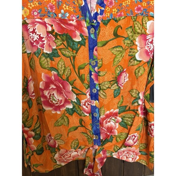 John Mark Plus Top 2X Split V Neck 3/4 sleeve Tie Front Orange Floral NEW $109 - Picture 2 of 10